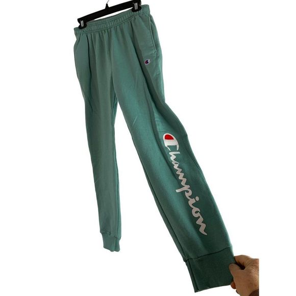 Mens Champion Terry Jogger Sweatpants Green Spelled Out Logo Medium EUC 6246 - Picture 1 of 11
